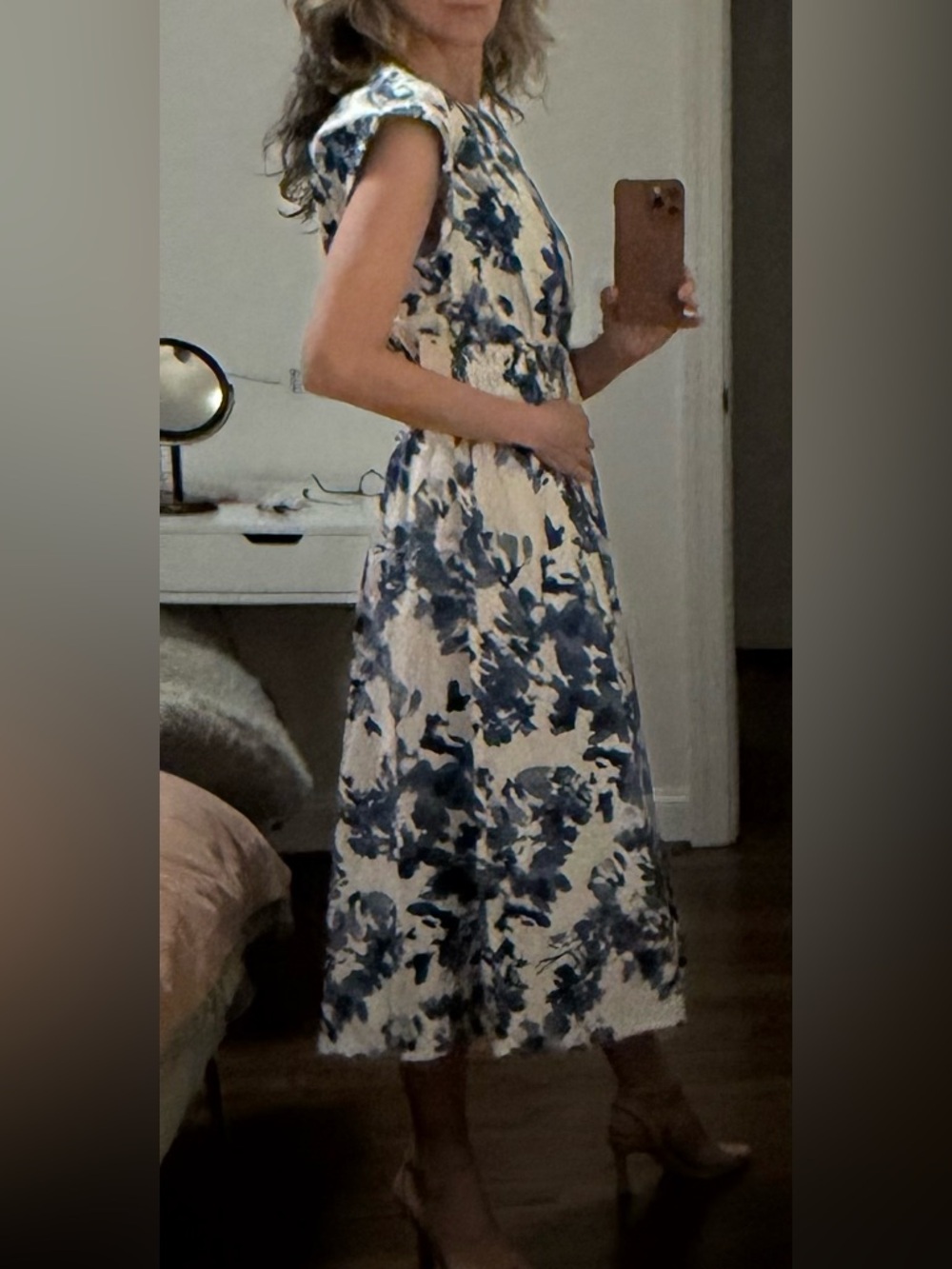 Calvin Klein White Midi Dress with Blue Floral Print